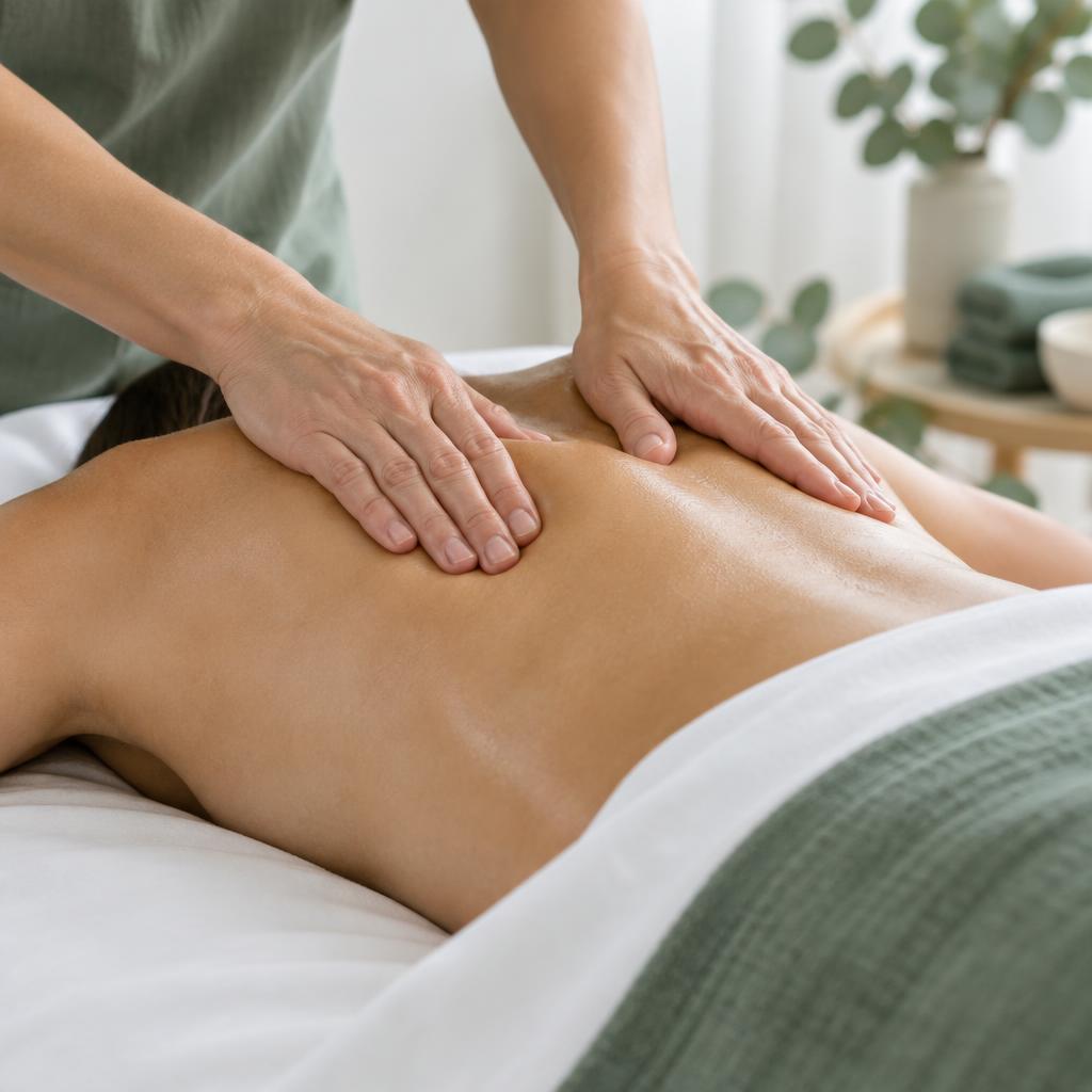 Placeholder photo: therapist hands performing a massage, not Lucky or Kayla